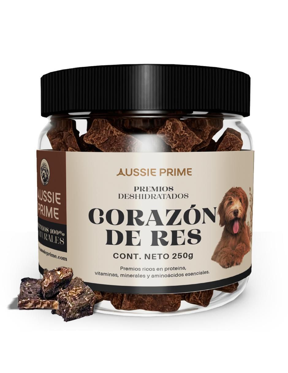 Calmante para mascota Aussie Prime de carne para perro contenido Premios de Corazon de Res Deshidratado 250 g
