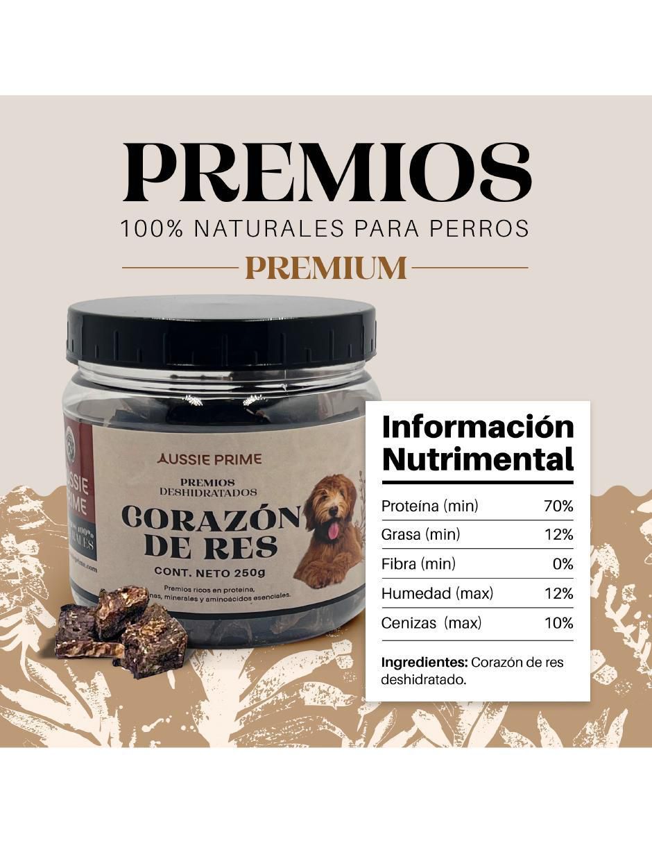 Calmante para mascota Aussie Prime de carne para perro contenido Premios de Corazon de Res Deshidratado 250 g