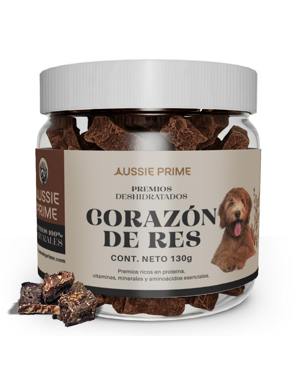 Calmante para mascota Aussie Prime de carne para perro contenido Premios de Corazon de Res Deshidratado 130 g