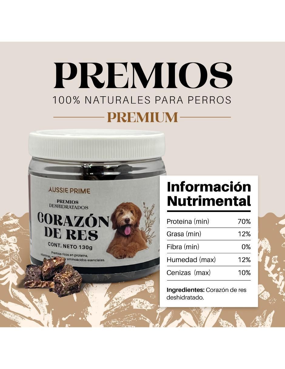 Calmante para mascota Aussie Prime de carne para perro contenido Premios de Corazon de Res Deshidratado 130 g