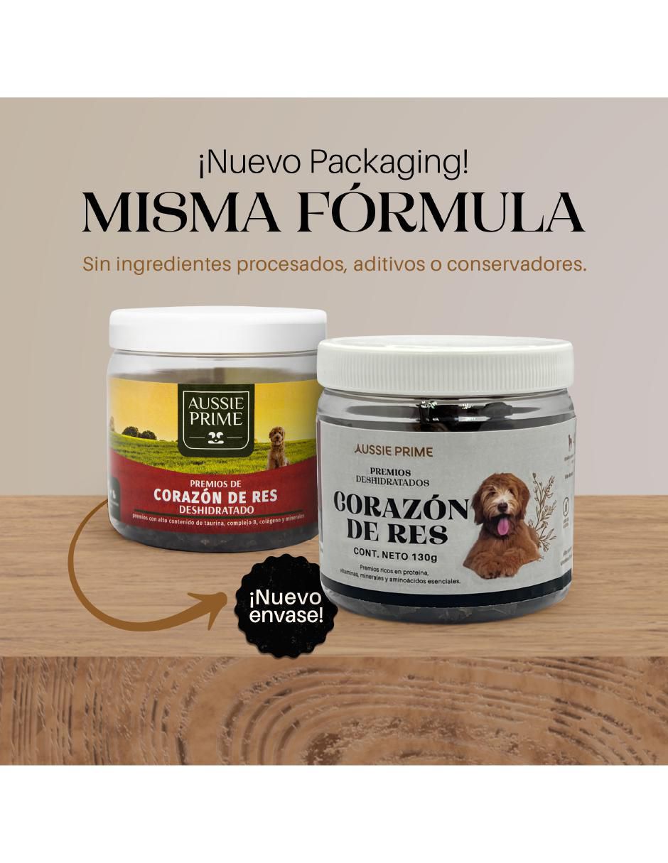 Calmante para mascota Aussie Prime de carne para perro contenido Premios de Corazon de Res Deshidratado 130 g