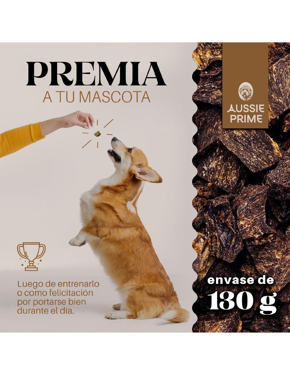 Calmante para mascota Aussie Prime de carne para perro contenido Premios de Corazon de Res Deshidratado 130 g