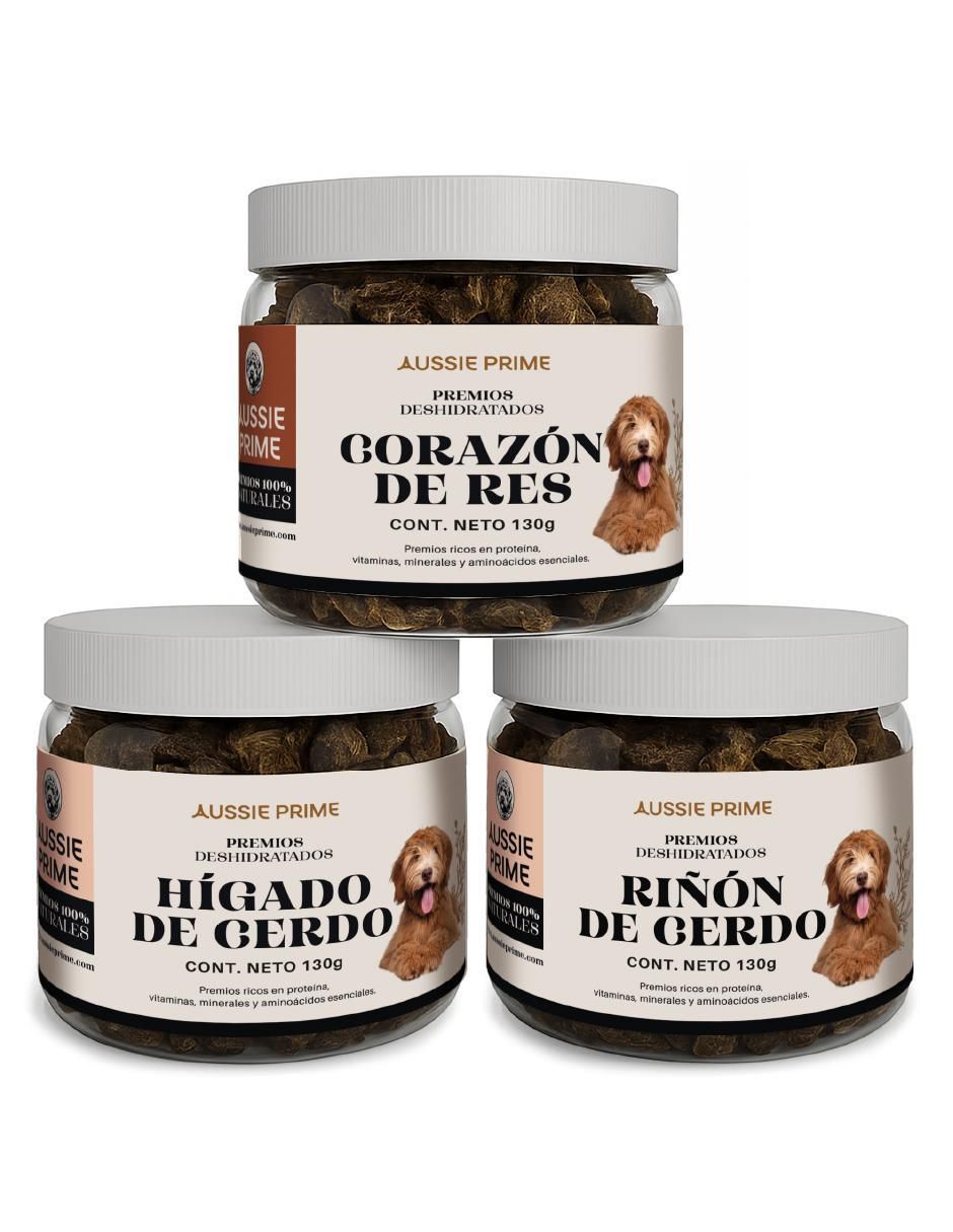 Calmante para mascota Aussie Prime de carne para perro contenido PACK X3 Corazon, Higado Cerdo y Riñon Cerdo 130g