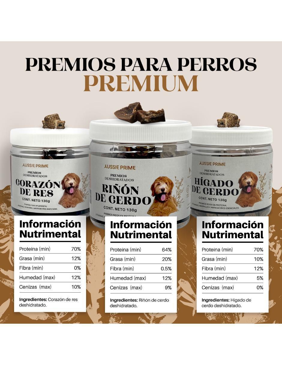 Calmante para mascota Aussie Prime de carne para perro contenido PACK X3 Corazon, Higado Cerdo y Riñon Cerdo 130g