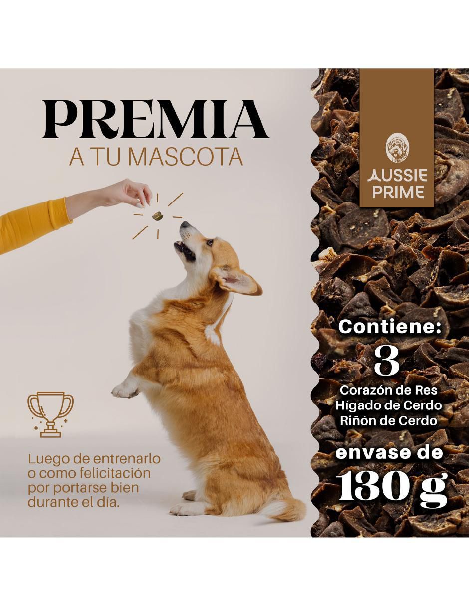 Calmante para mascota Aussie Prime de carne para perro contenido PACK X3 Corazon, Higado Cerdo y Riñon Cerdo 130g