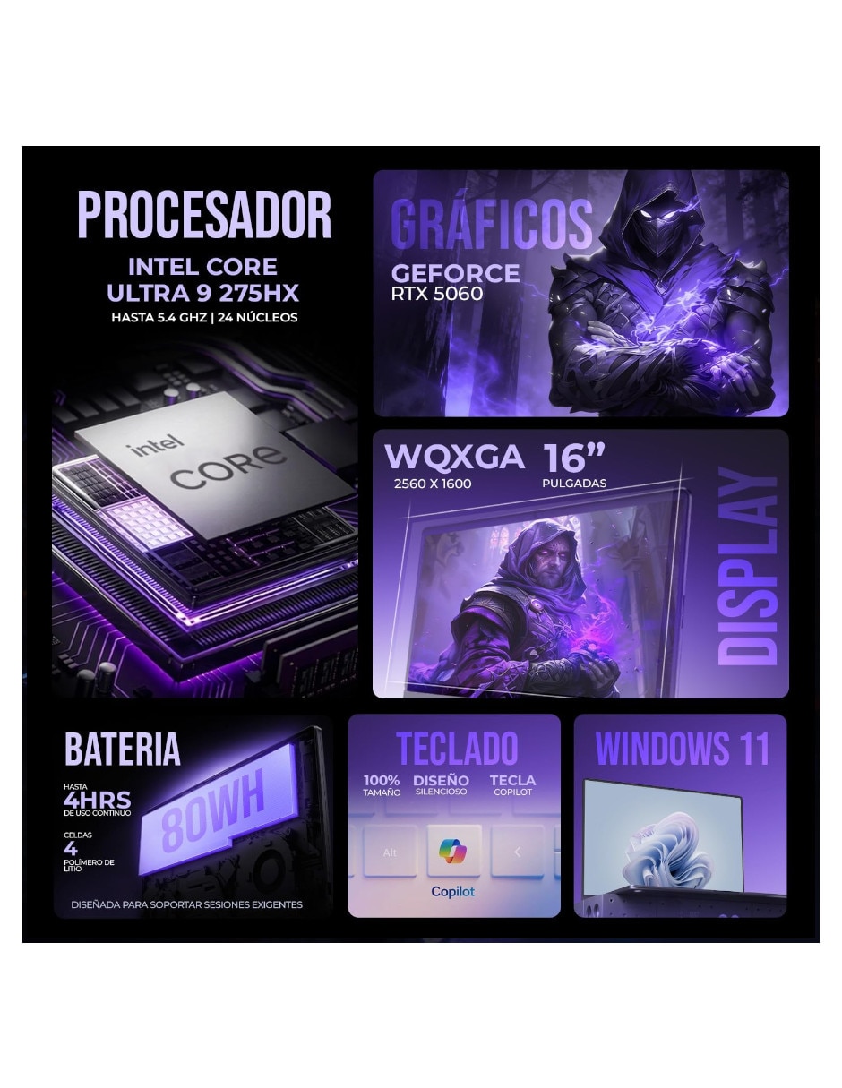 Laptop gamer legion 5 16iax10 16 pulgadas wqxga intel core ultra 9 nvidia geforce rtx 5060 64 gb ram 1 tb 8